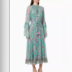 Hemant & Nandita Hera floral mint macaroon bell sleeve maxi dress. Sz S-M.